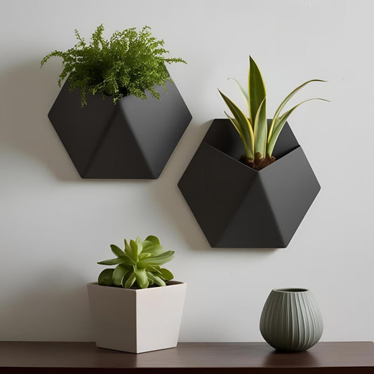 Modern Black Wall Planter | 3D Printed Geometric Wall-Mounted Plant Pot | Minimalist Indoor Planter